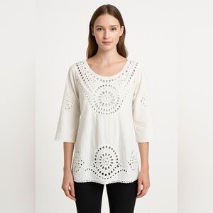 Solitaire Swim Ivory Eyelet Crochet Tunic Top M Sheer Boho Coastal Western